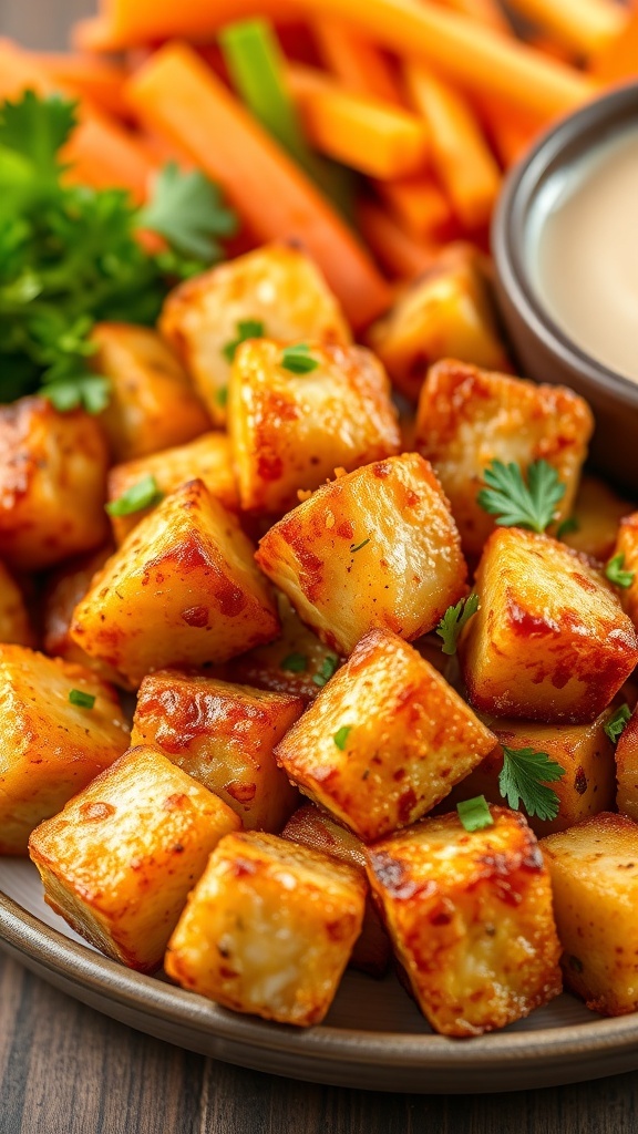 Crispy air fryer chicken cubes served with dipping sauce and vegetables.